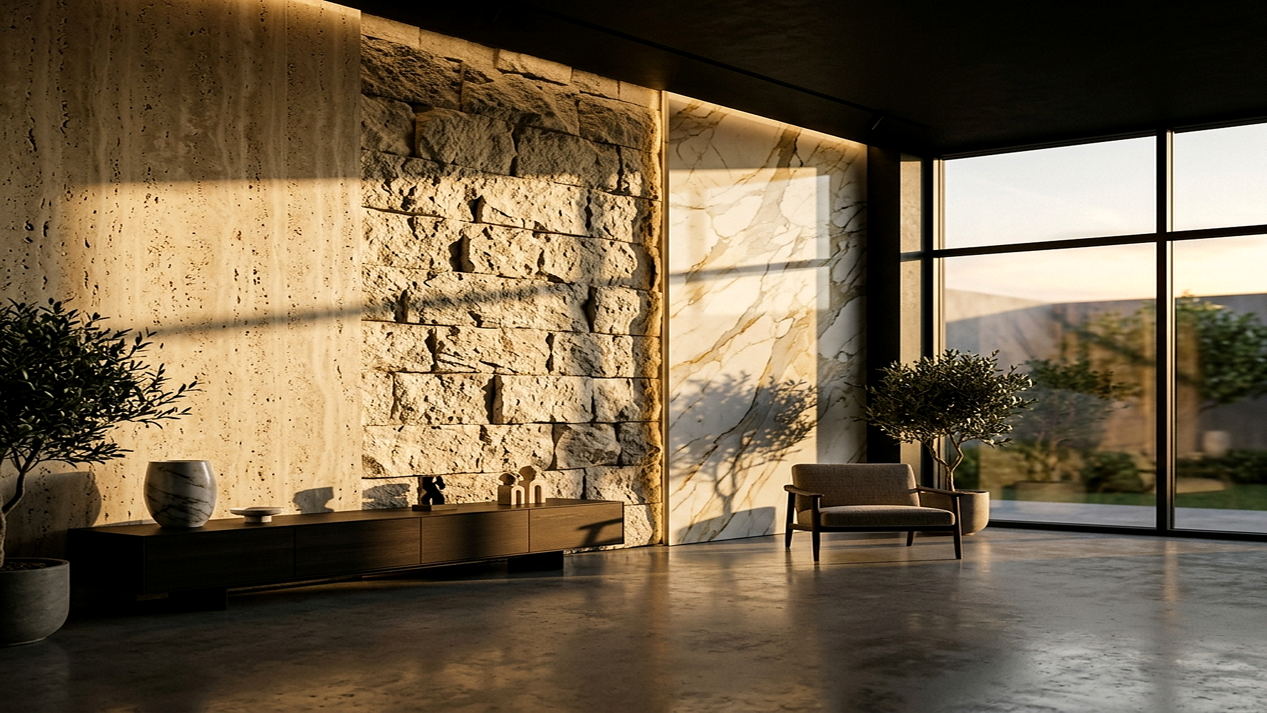 Premium doğal taş showroom — traverten ve mermer duvar, modern mimari iç mekan